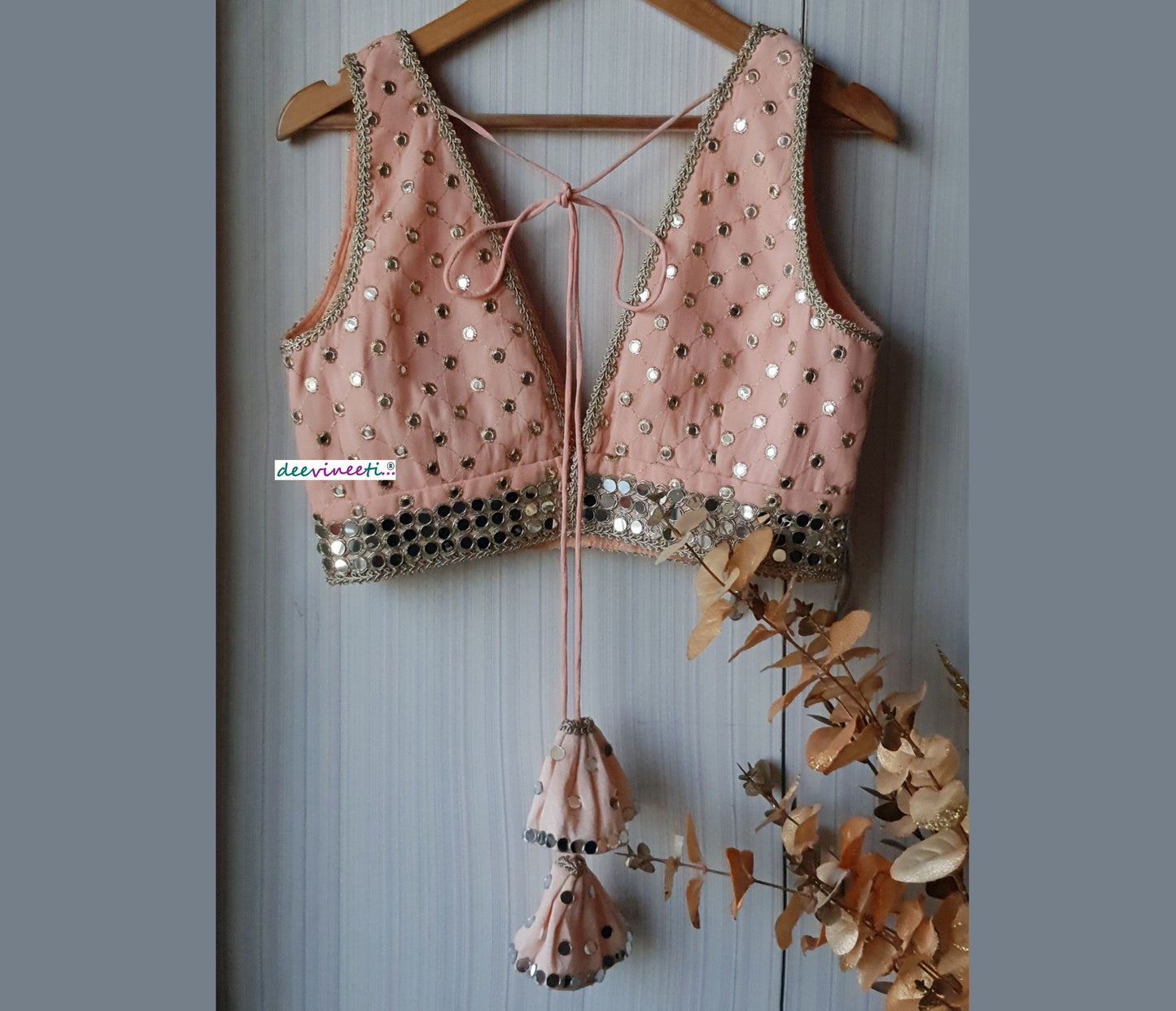 Faux Mirror  Embroidered Peach Plunge Neckline Blouse  DVBL_162
