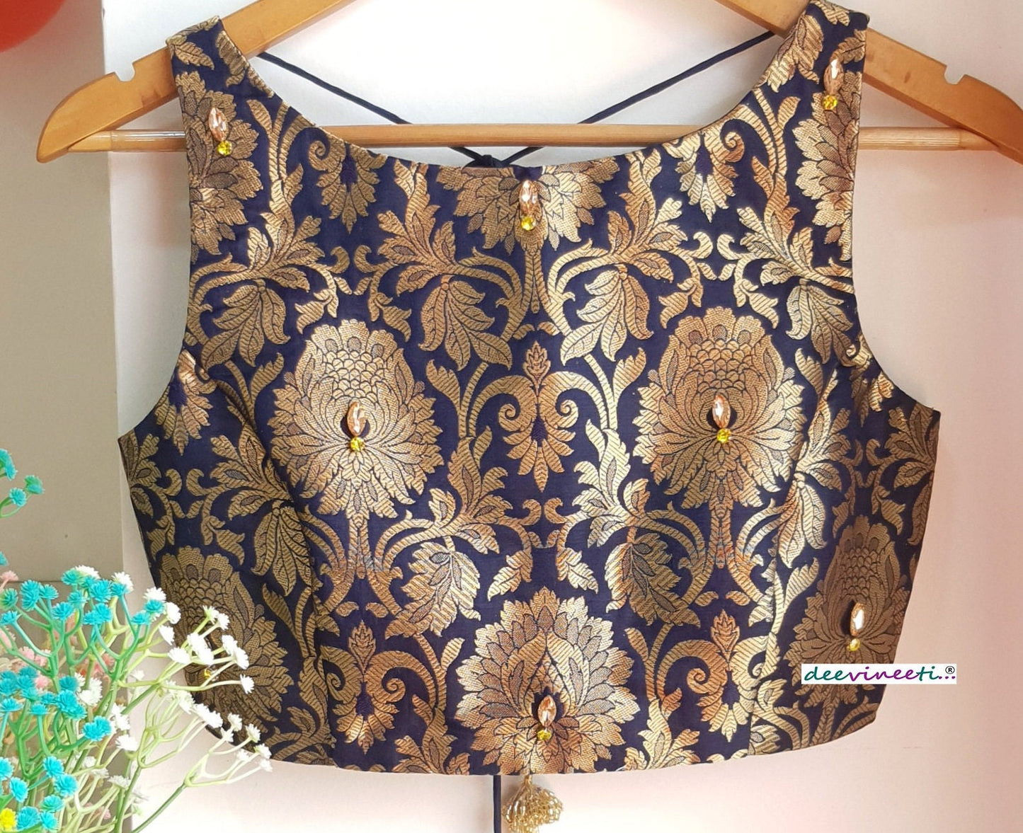 Deep Blue Brocade Blouse Sleeveless Boat Neck DVBL_127