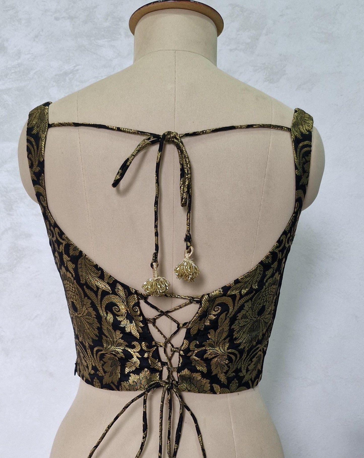 Black Gold Brocade Silk Corset Blouse DVCB_002