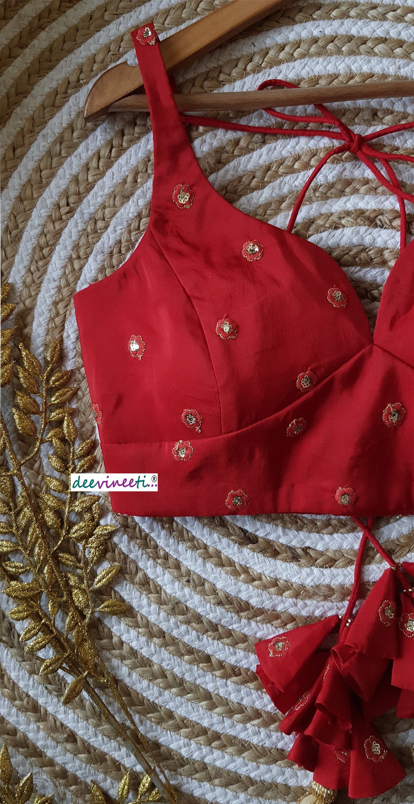 Embroidered Red Silk Deep Sweetheart Neck Blouse DVBL_160