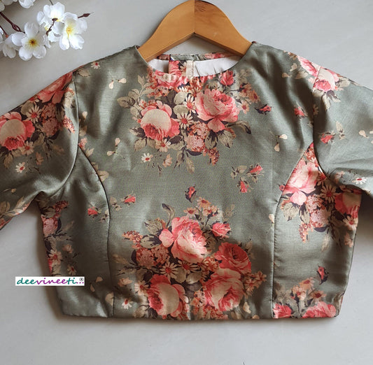 Floral Print Green Khadi Silk Jewel Neck Blouse DVBL_067
