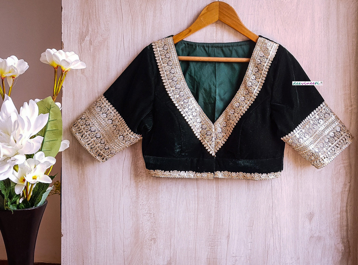 Embroidered Green Velvet Blouse Deep V Neck DVBL_292