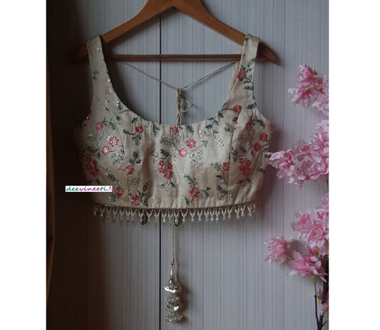 Cream Embroidered Silk U Neck  Blouse DVBL_191