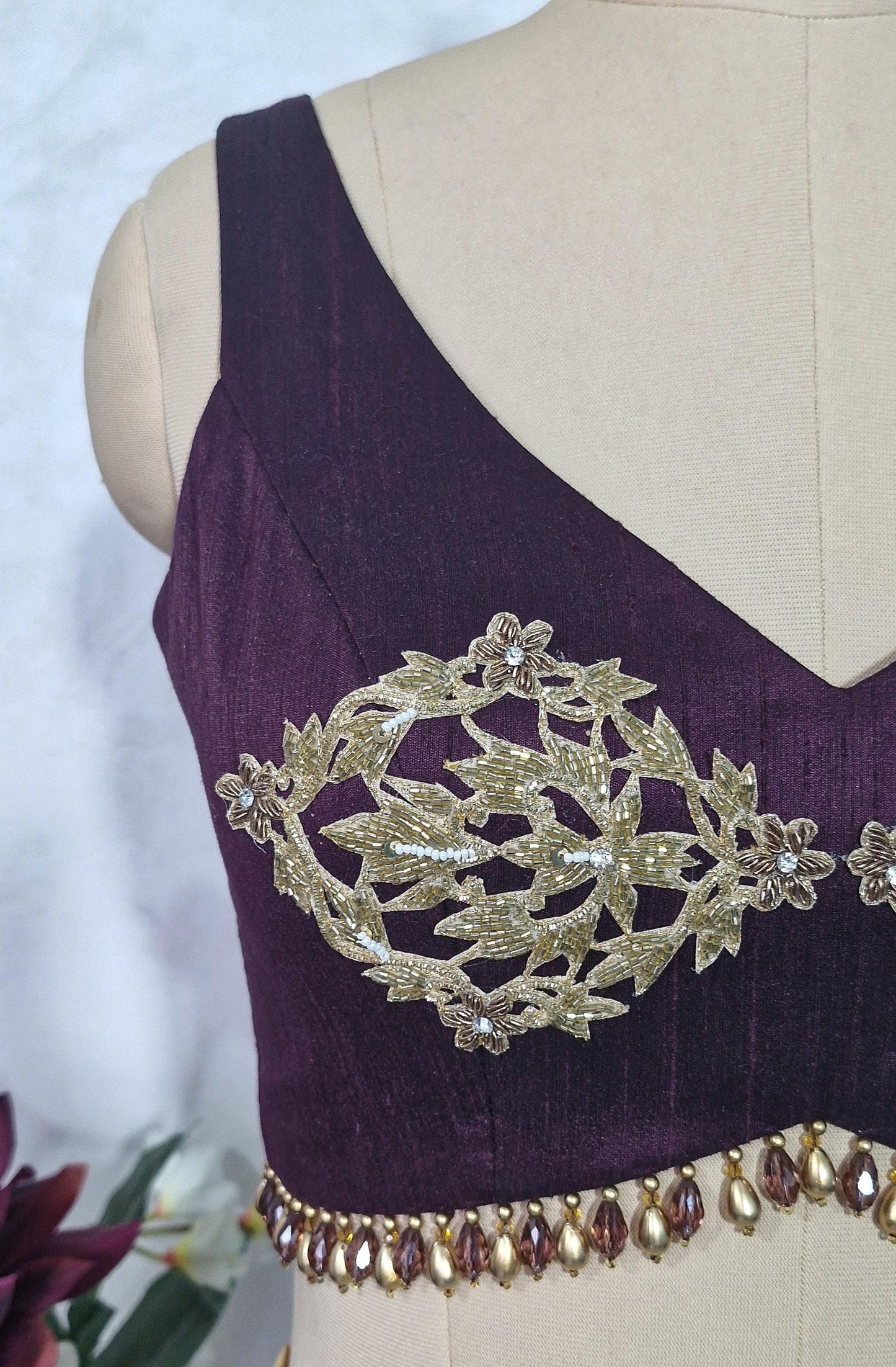 Hand Embroidered Burgundy Wine Raw Silk Blouse DVBL_432