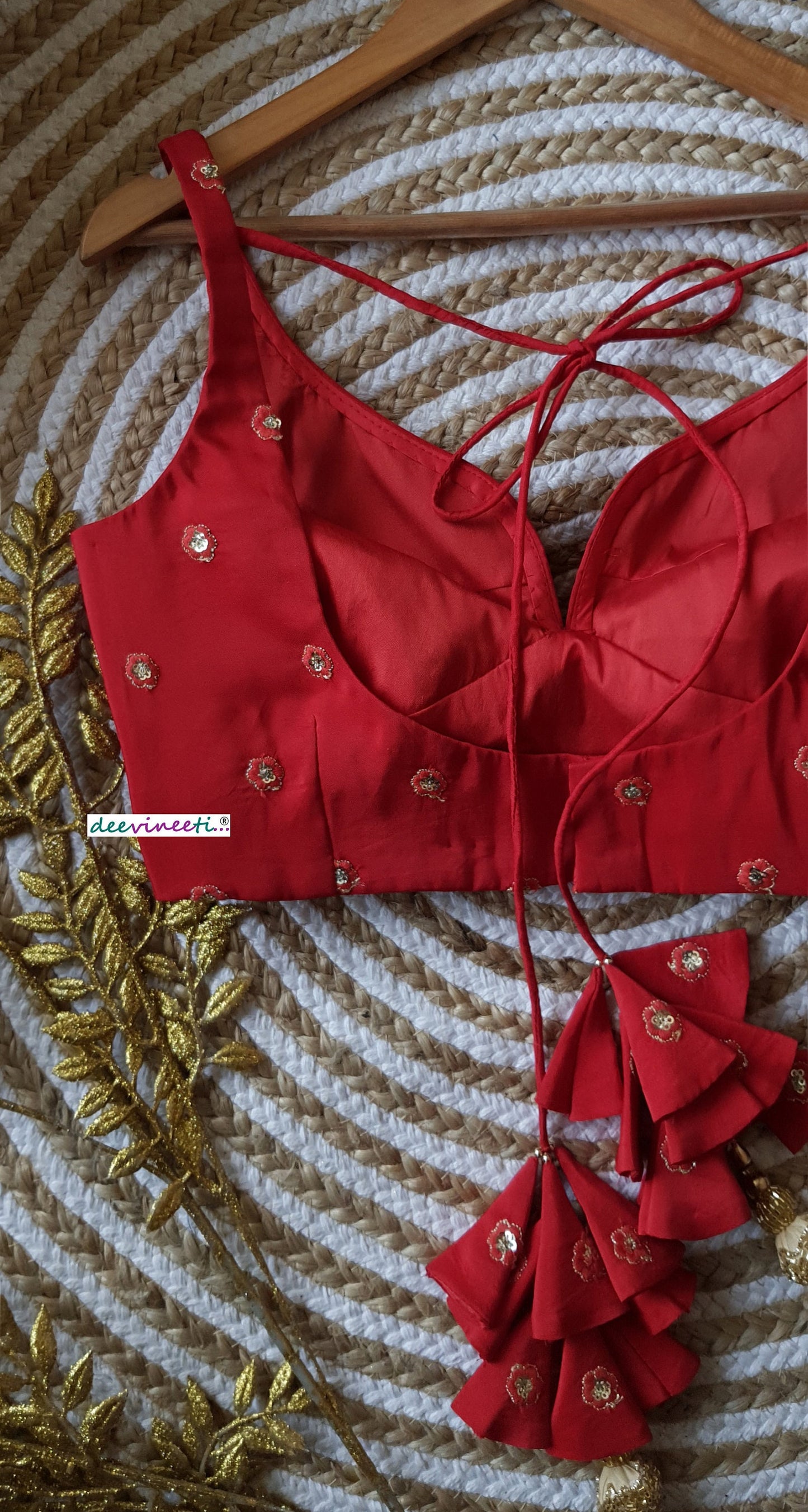 Embroidered Red Silk Deep Sweetheart Neck Blouse DVBL_160