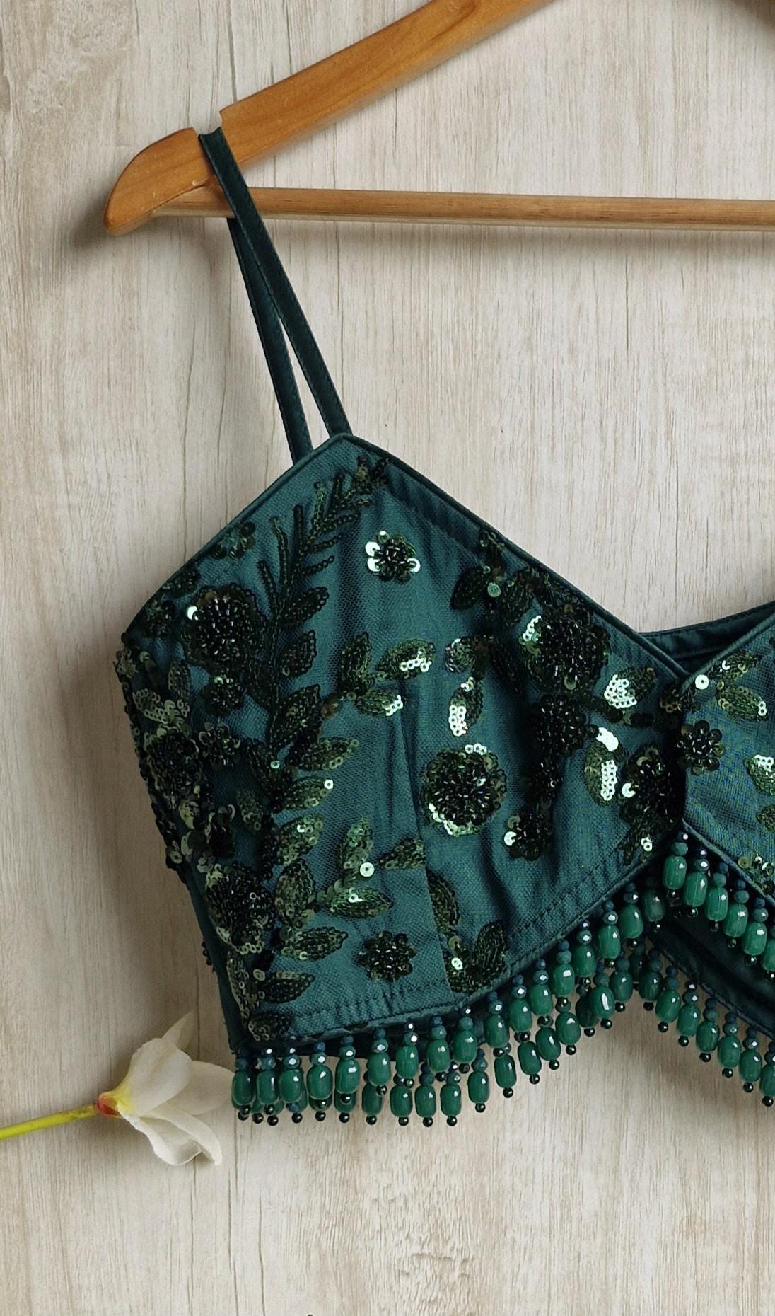 Bottle Green Embroidered Spaghetti Blouse DVBL_454