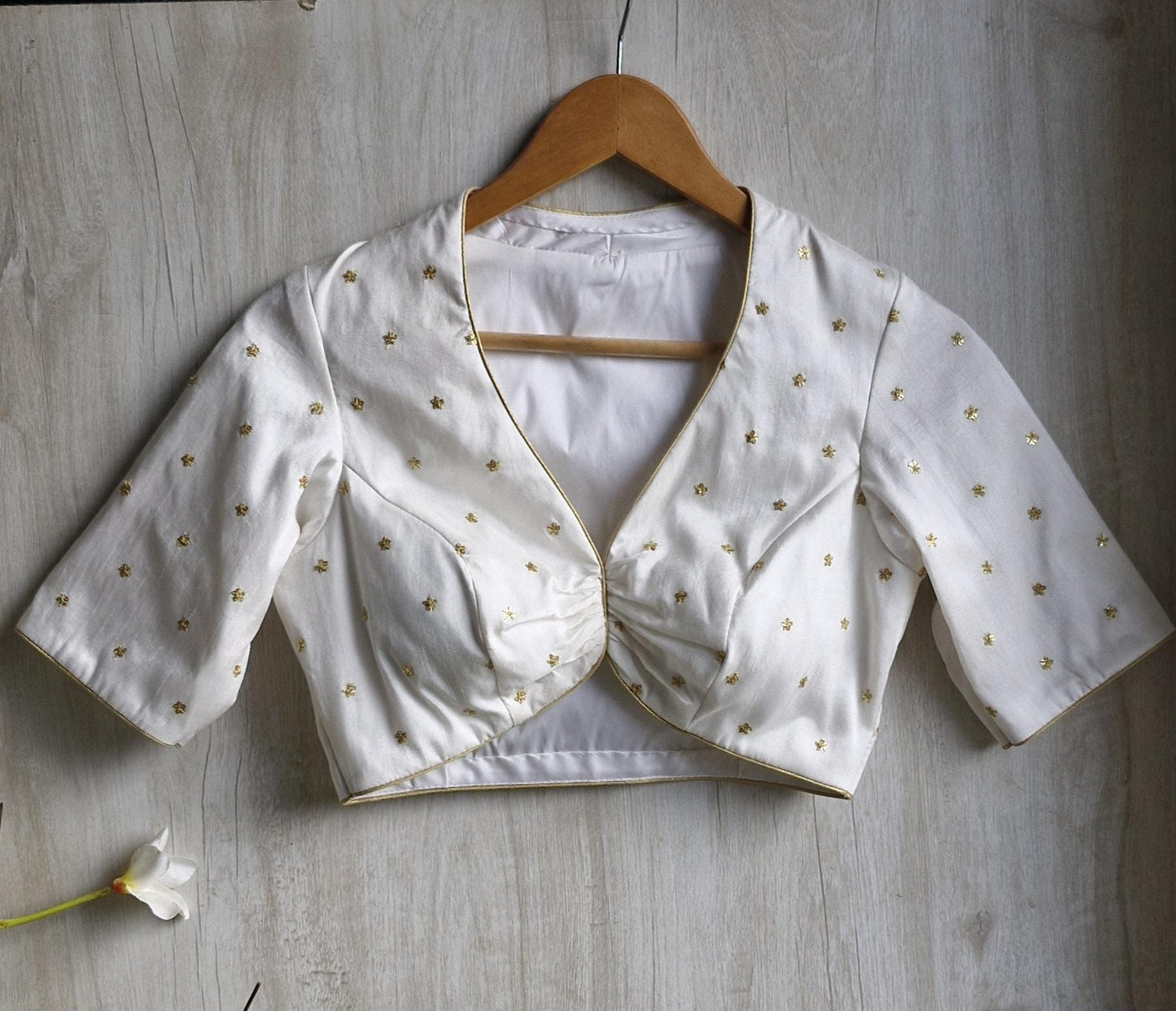 Embroidered Silk Ivory Deep V Neck Blouse DVBL_451
