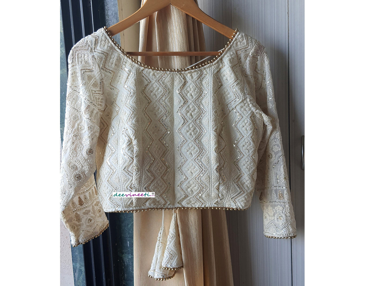 Ivory Chikankari Lucknowi Boat Neck. Blouse DVBL_058