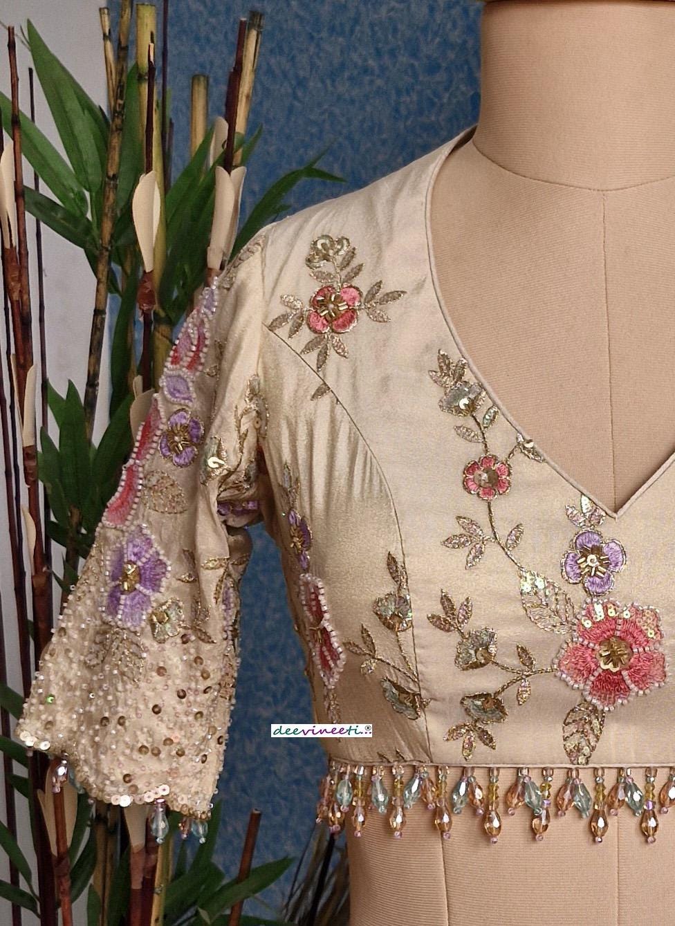 Embroidered Tissue Silk Deep V Neck Blouse DVBL_370