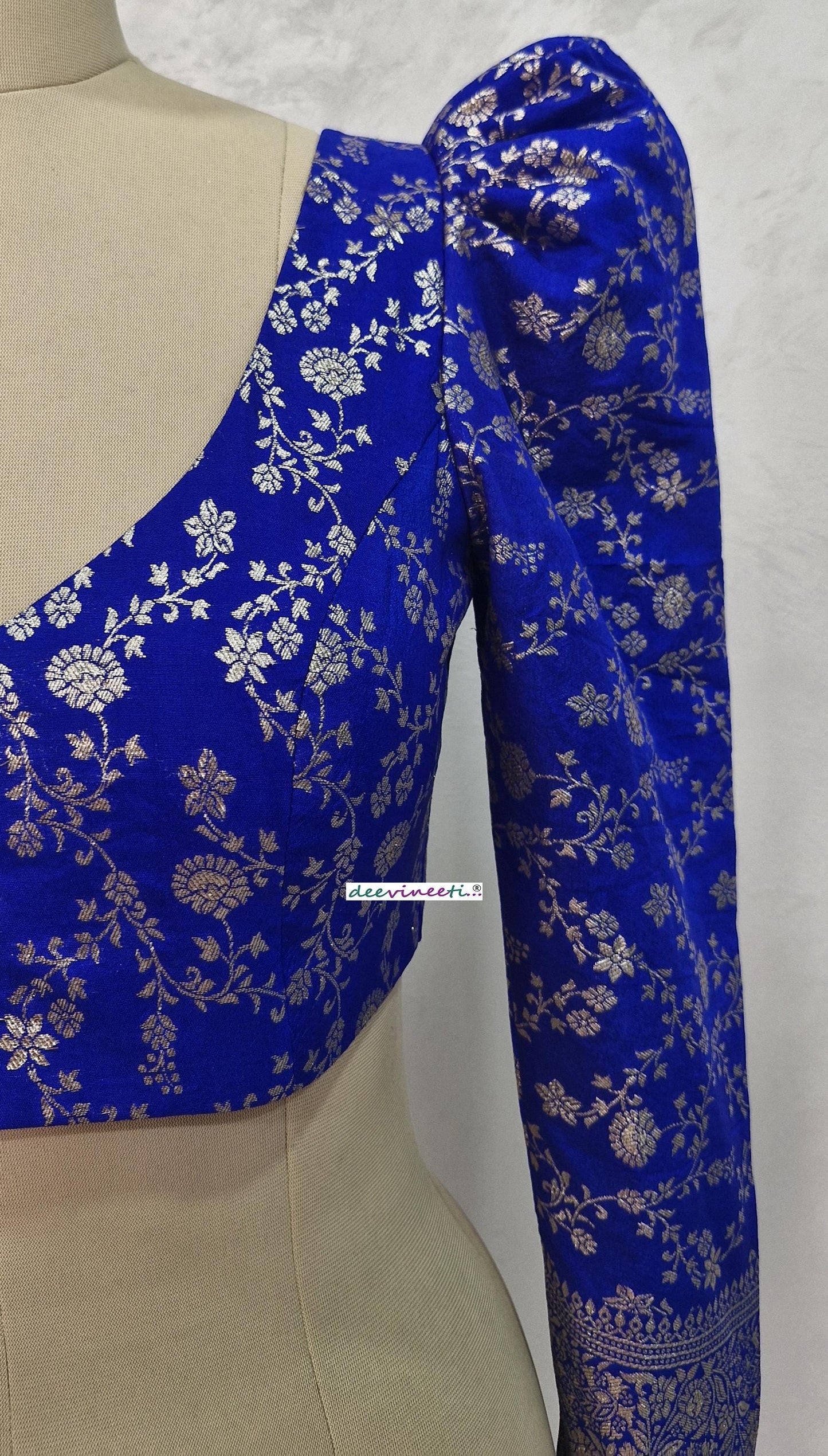 Royal Blue Banarasi Brocade Blouse Full Length Puff Sleeves V Neck DVBL_397