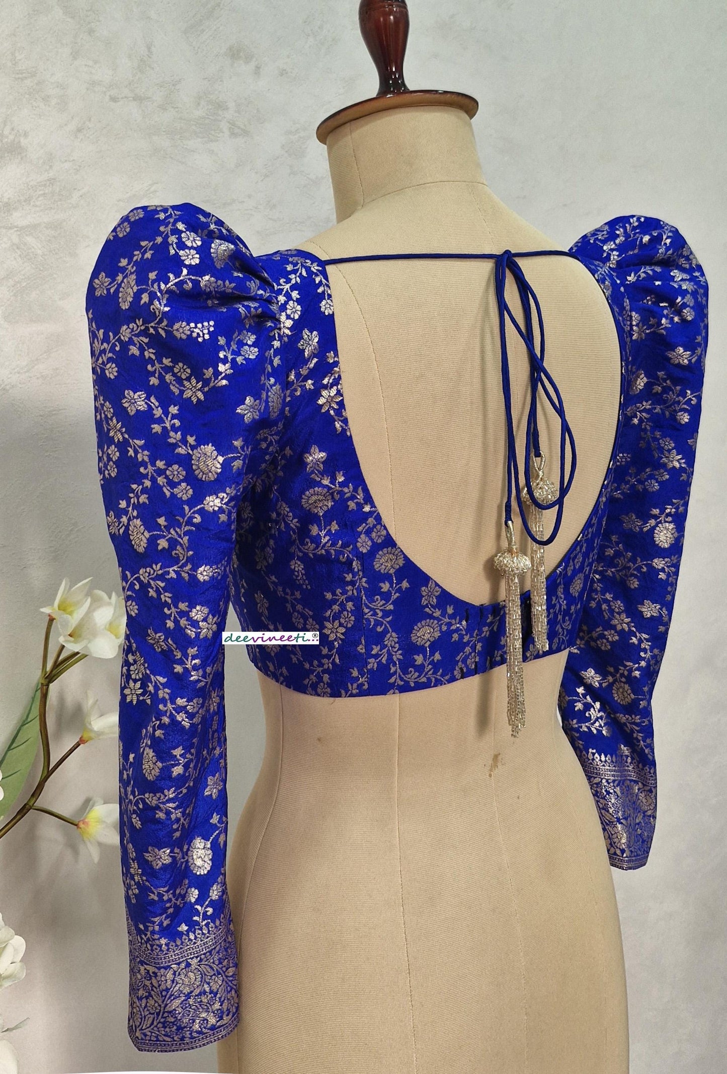Royal Blue Banarasi Brocade Blouse Full Length Puff Sleeves V Neck DVBL_397