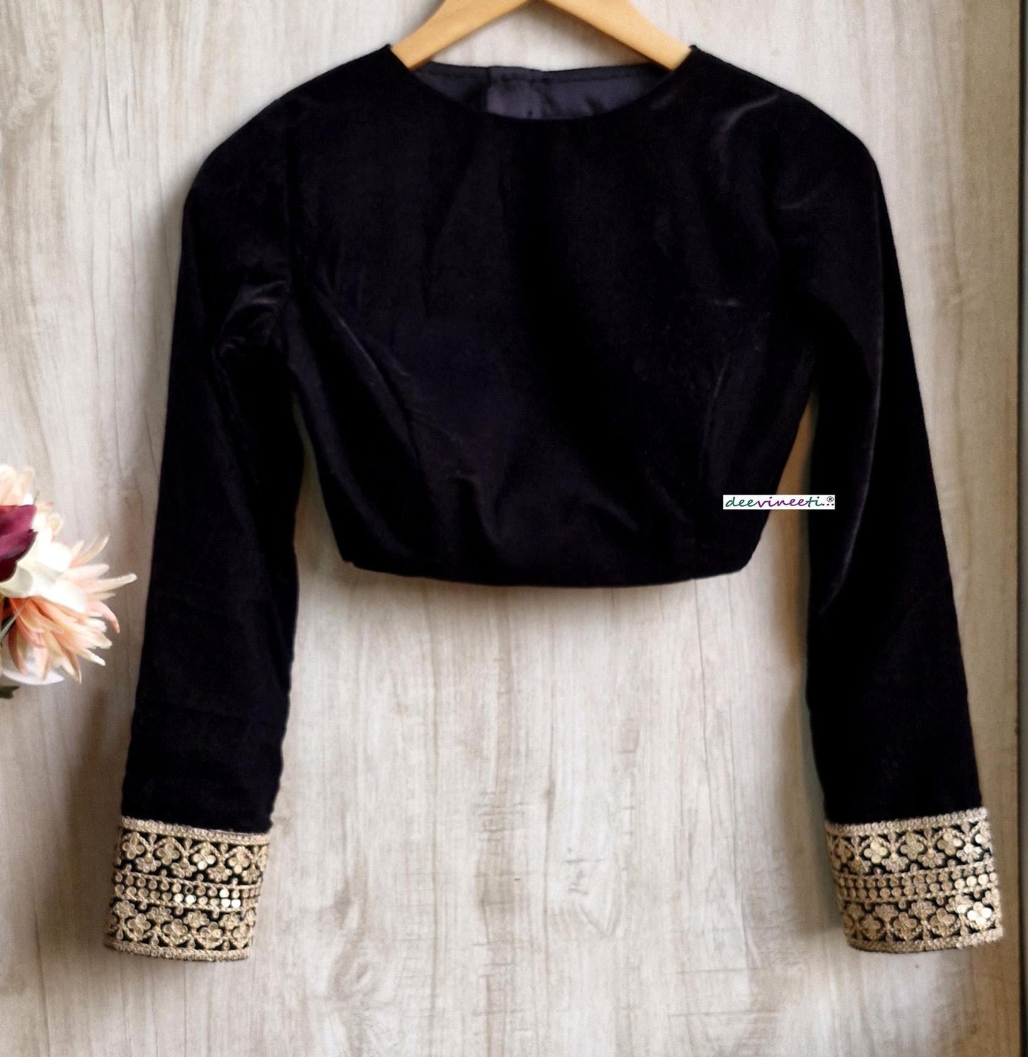 Black Velvet Jewel Neck Full Sleeves Blouse DVBL_388