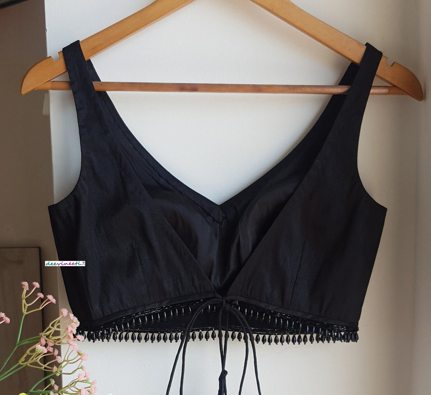 Designer Black Raw Silk Blouse Deep V Neck with Fringes DVBL_327
