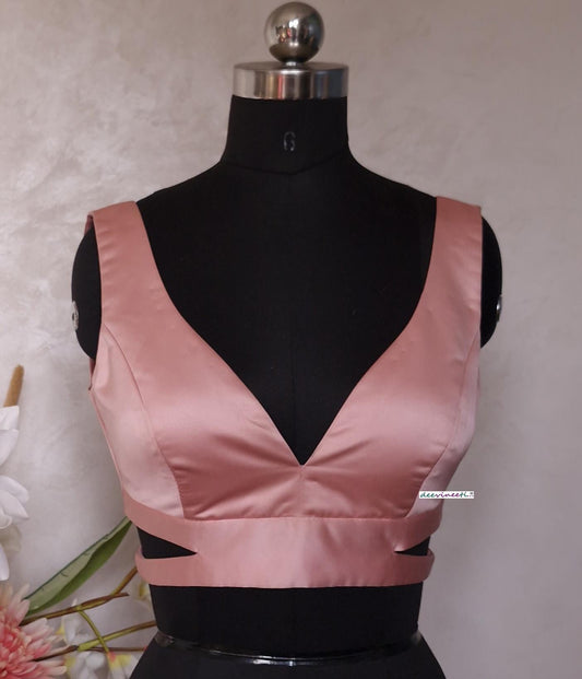 Blush Pink Satin Blouse V Neck Sleeveless DVBL_395
