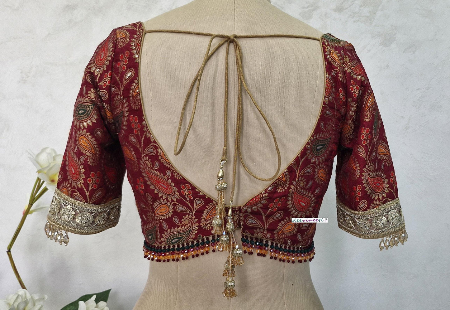 Maroon Brocade Deep Sweetheart Neck Half Sleeves Blouse DVBL_403