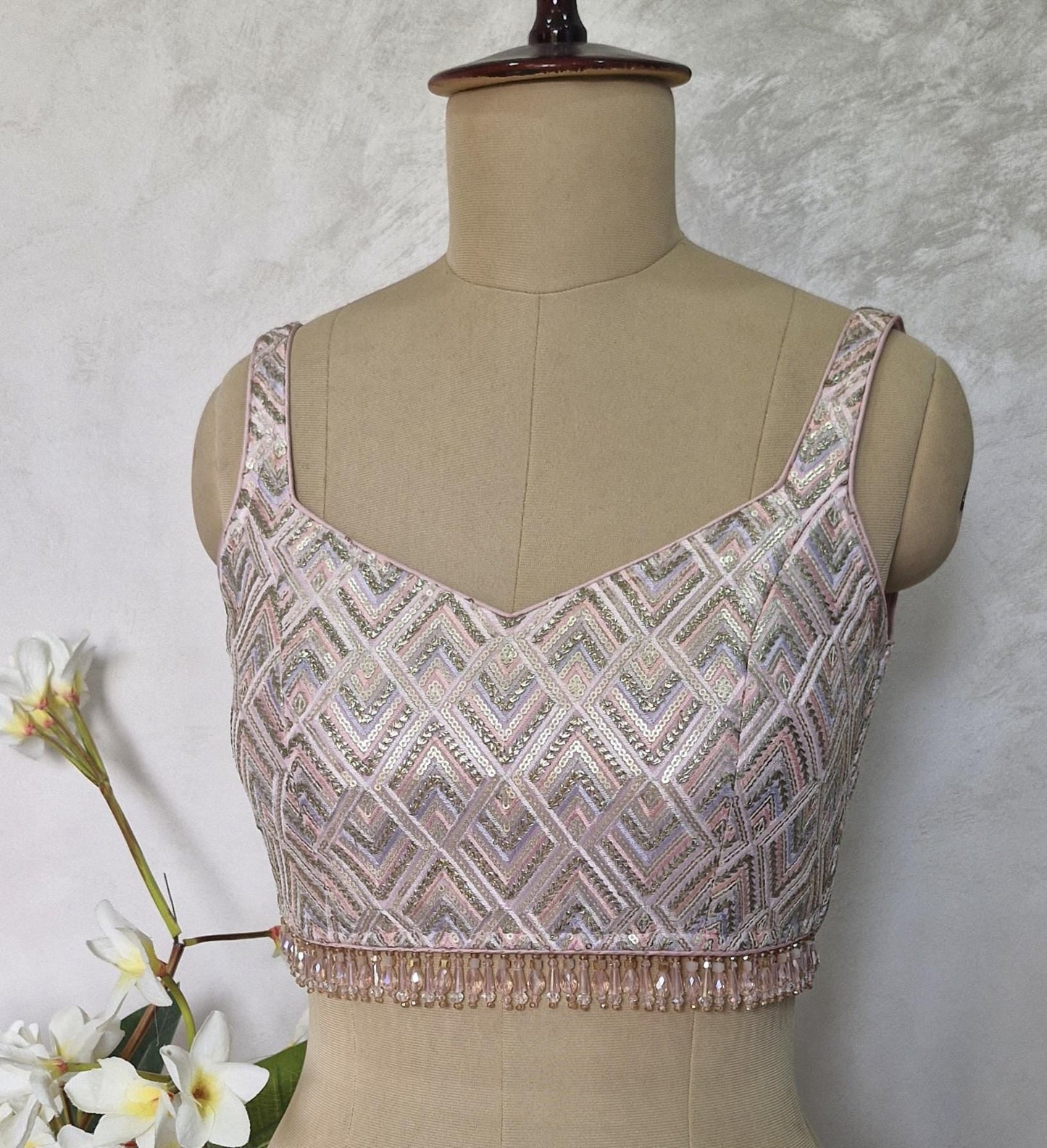 Pink Embroidered Semi Sweetheart Neck  Blouse DVBL_414