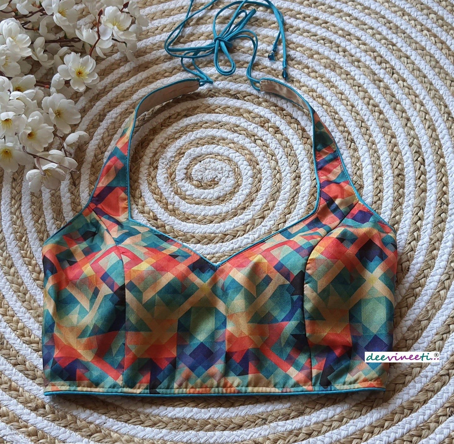 Multicolor Printed Khadi Silk Halter Neck Blouse DVBL_074