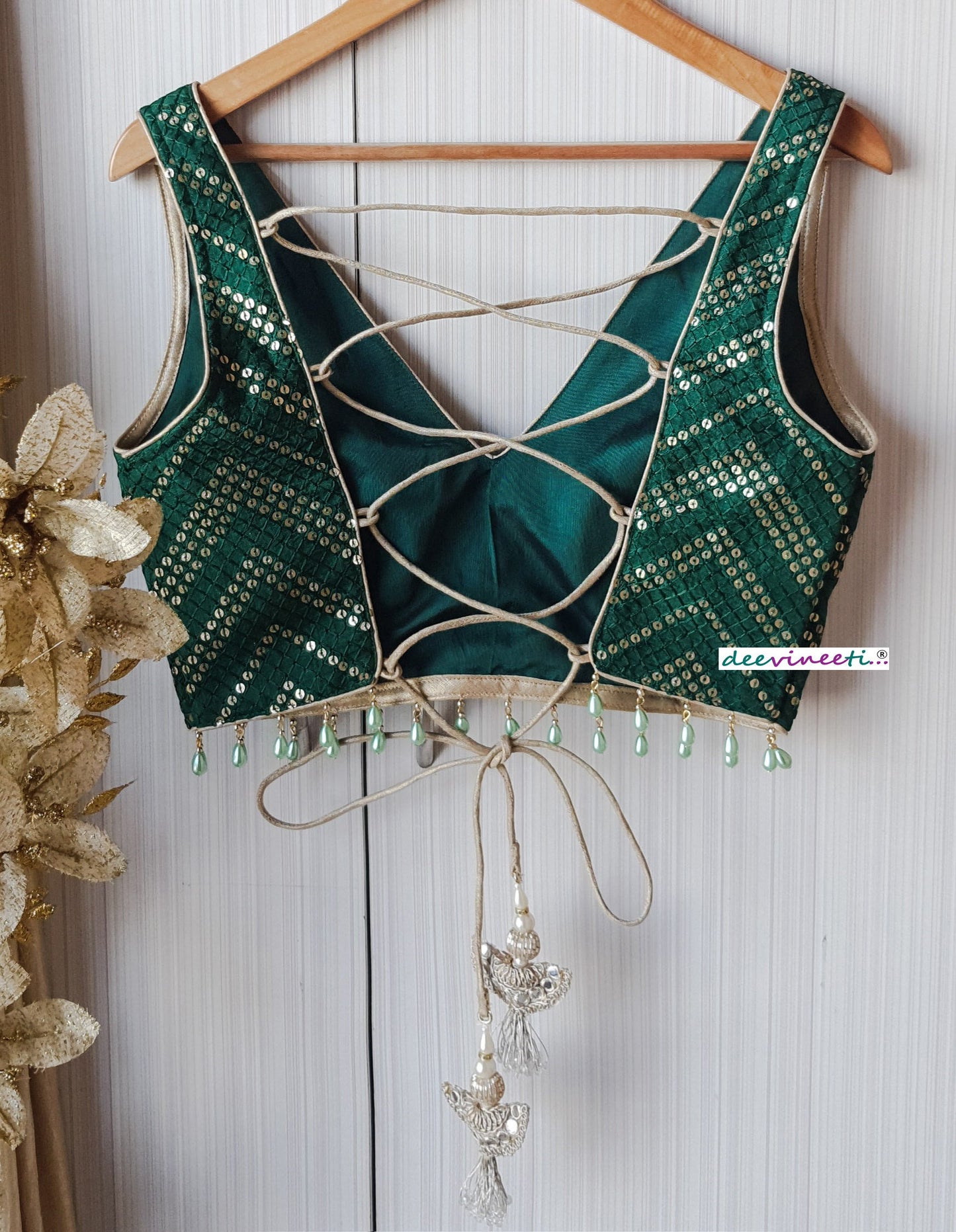 Green Sequins Chevron  Embroidered Silk Blouse  DVBL_152