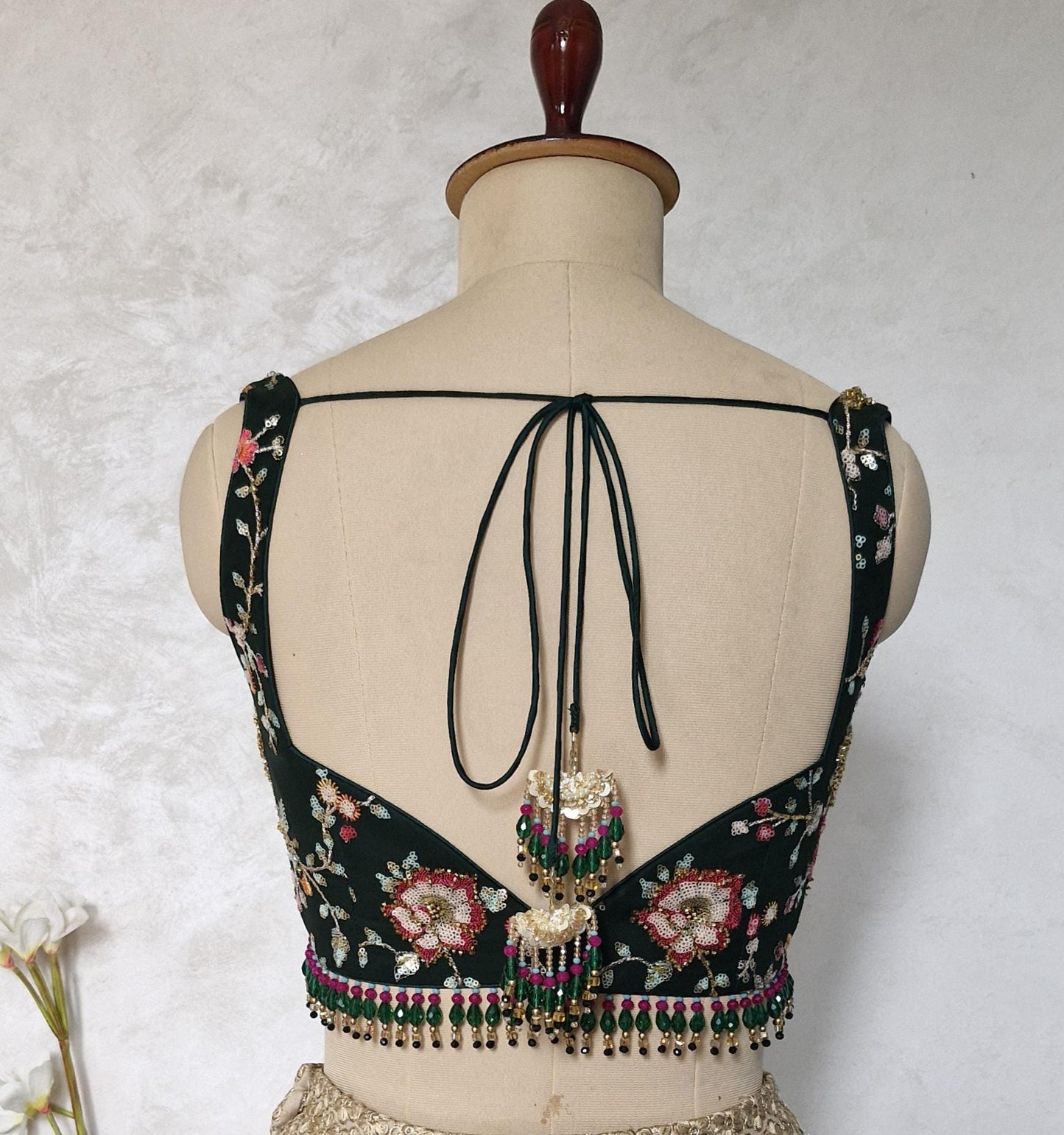 Bottle Green Embroidered Sweetheart Neck Blouse DVBL_441.