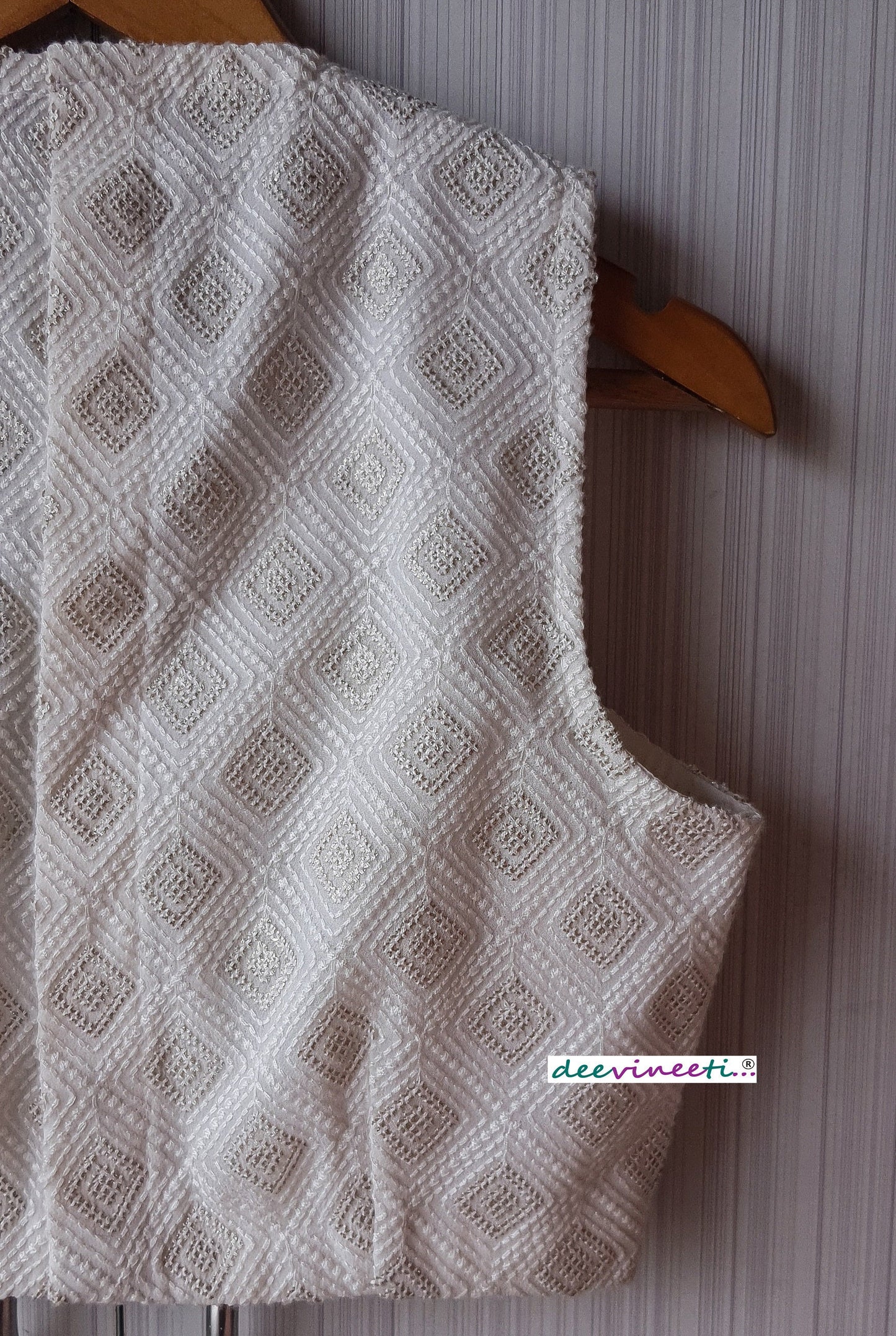 Ivory Chikankari Plunge Neckline Blouse DVBL_249