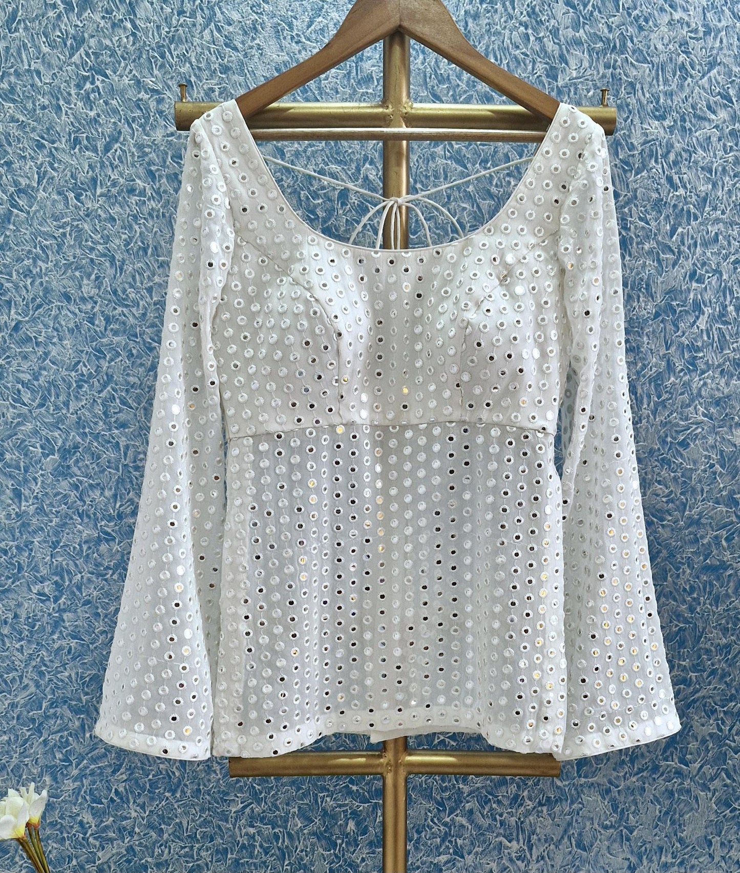 Ivory Faux Mirror Embroidered Georgette Peplum Top DVBL_419