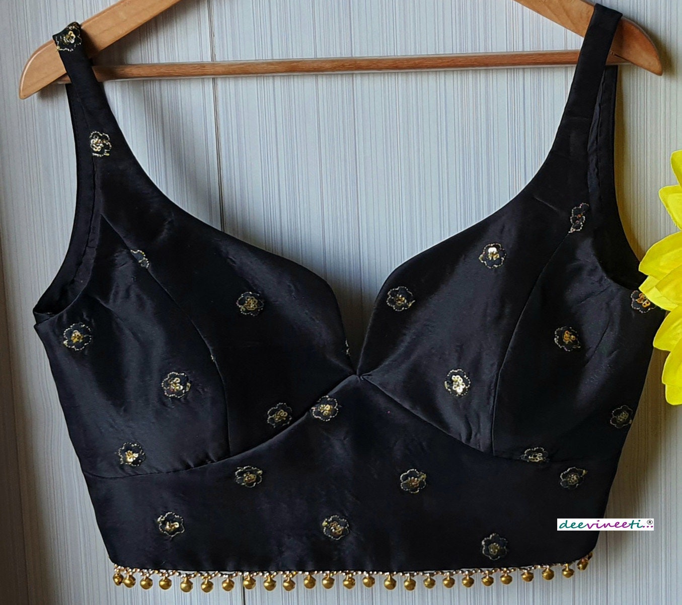 Black Silk Embroidered Sweetheart Neck Blouse DVBL_091