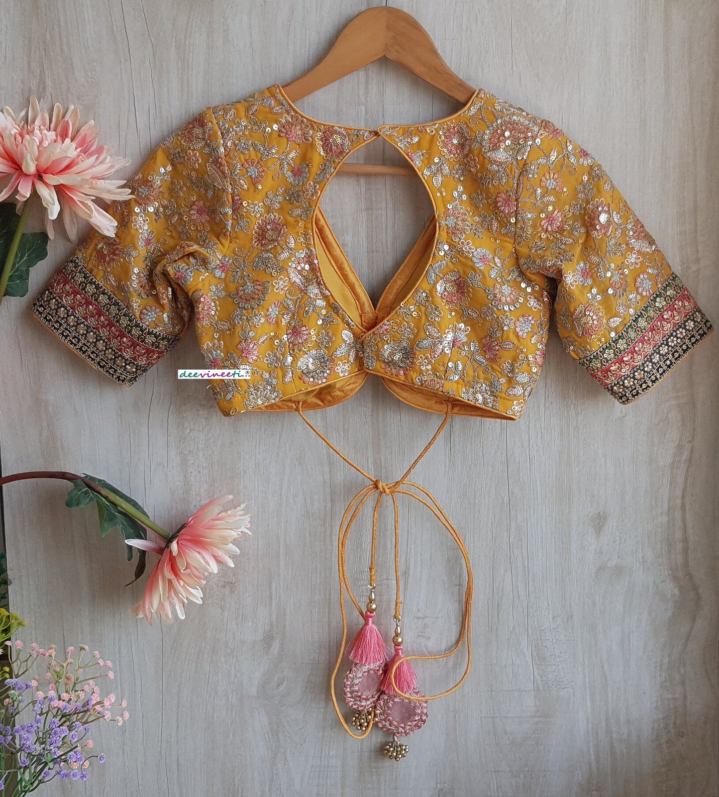 Yellow Embroidered V Neck Elbow Sleeves Blouse DVBL_301
