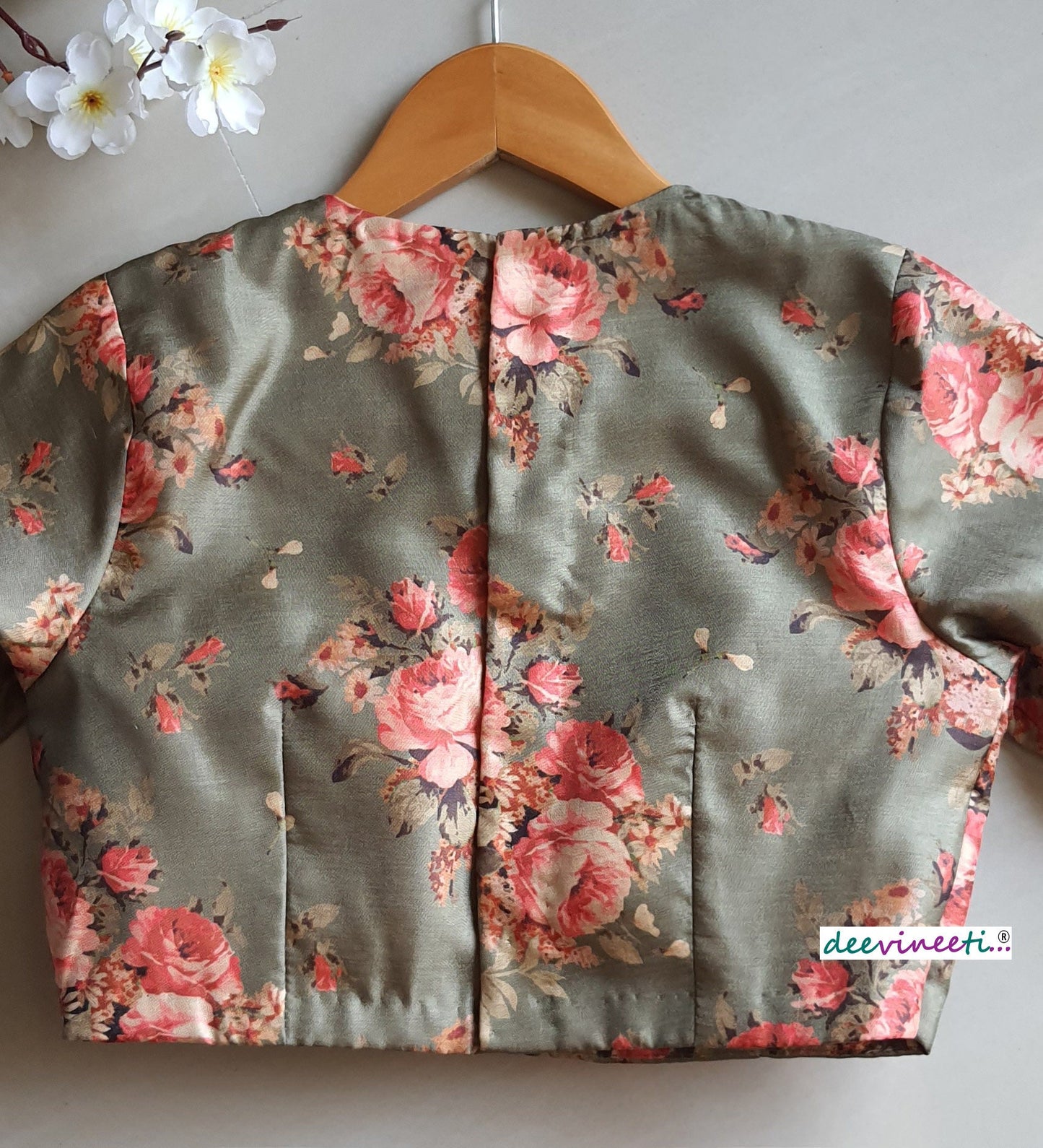 Floral Print Green Khadi Silk Jewel Neck Blouse DVBL_067