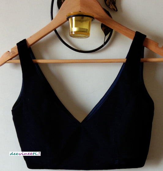 Velvet Deep Navy Blue Blouse Deep V Neck. DVBL_034