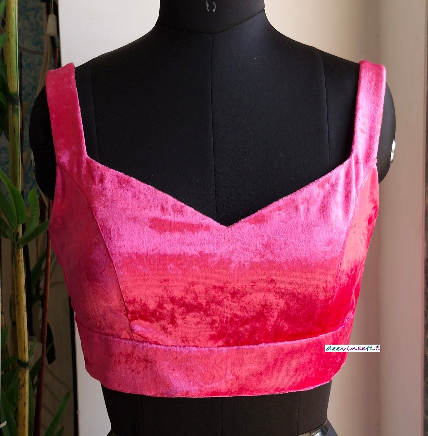 Hot Pink Viscose Velvet Semi Sweetheart Neck Blouse DVBL_334