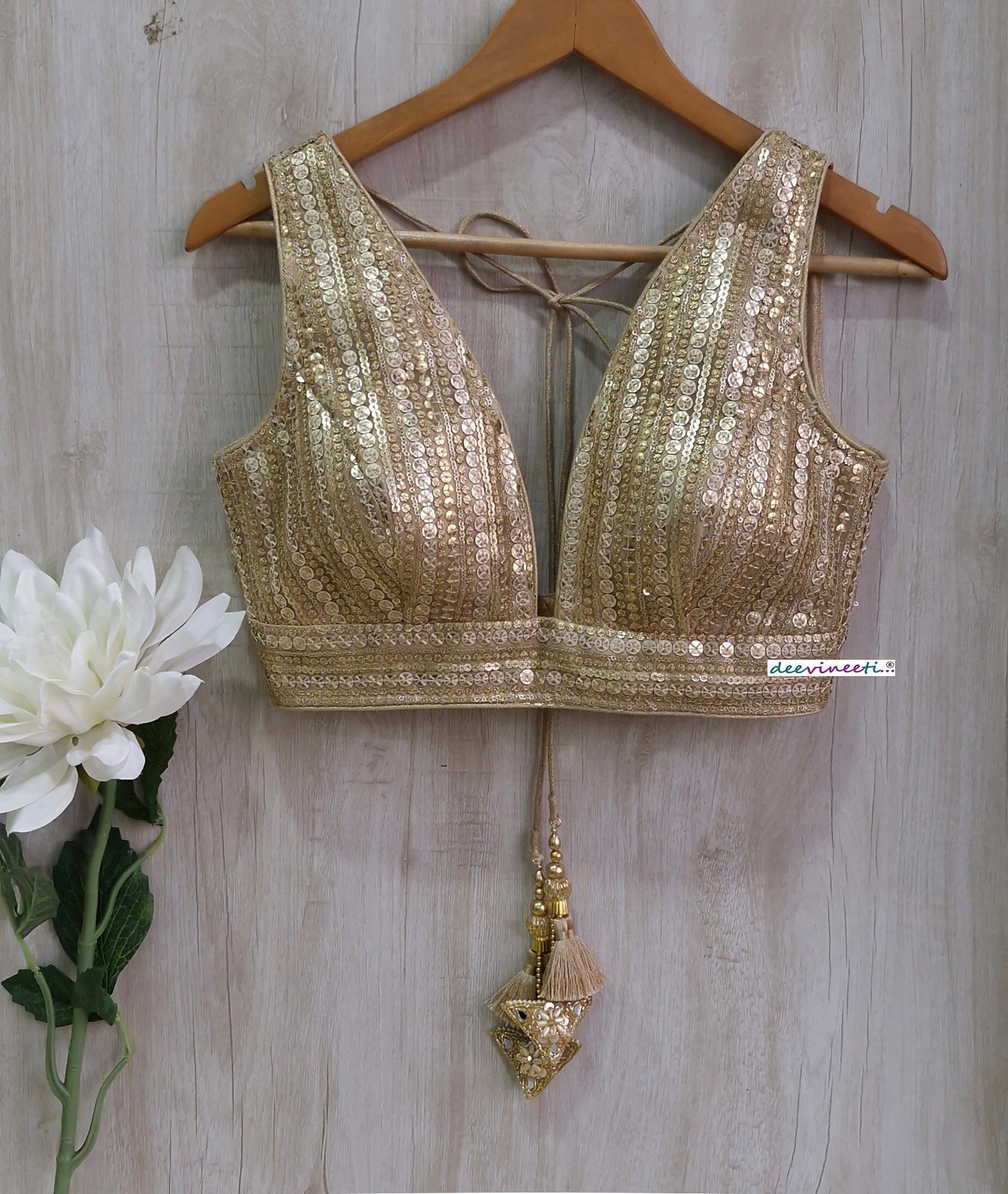 Gold Sequins Embroidered Plunge Neckline Blouse DVBL_363