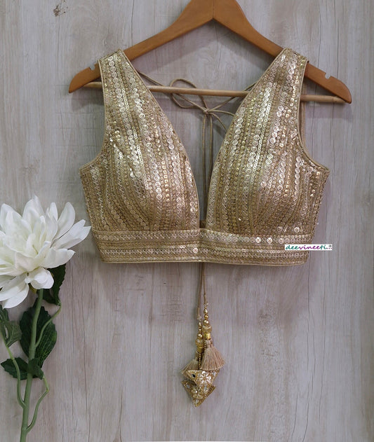 Gold Sequins Embroidered Plunge Neckline Blouse DVBL_363
