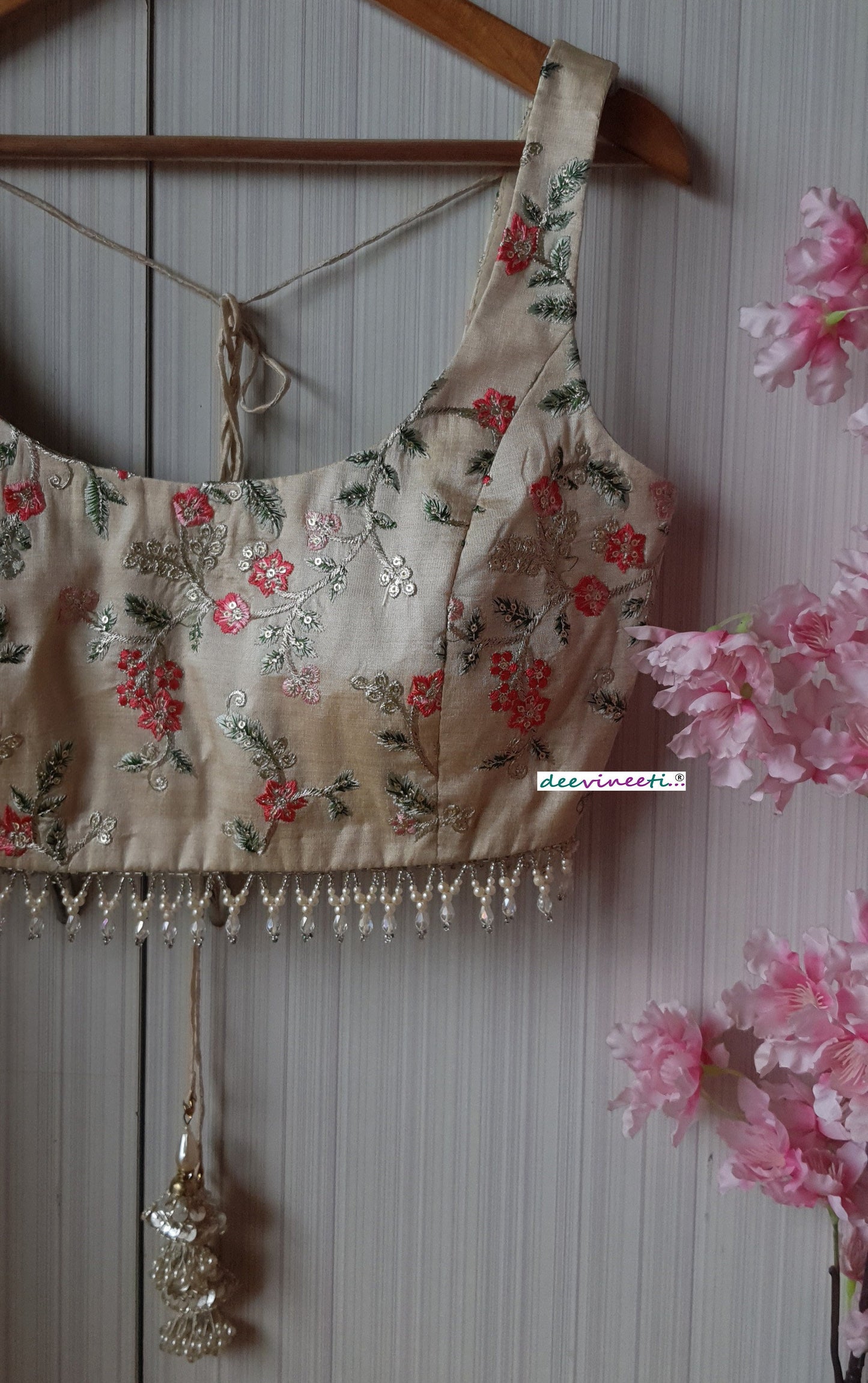 Cream Embroidered Silk U Neck  Blouse DVBL_191
