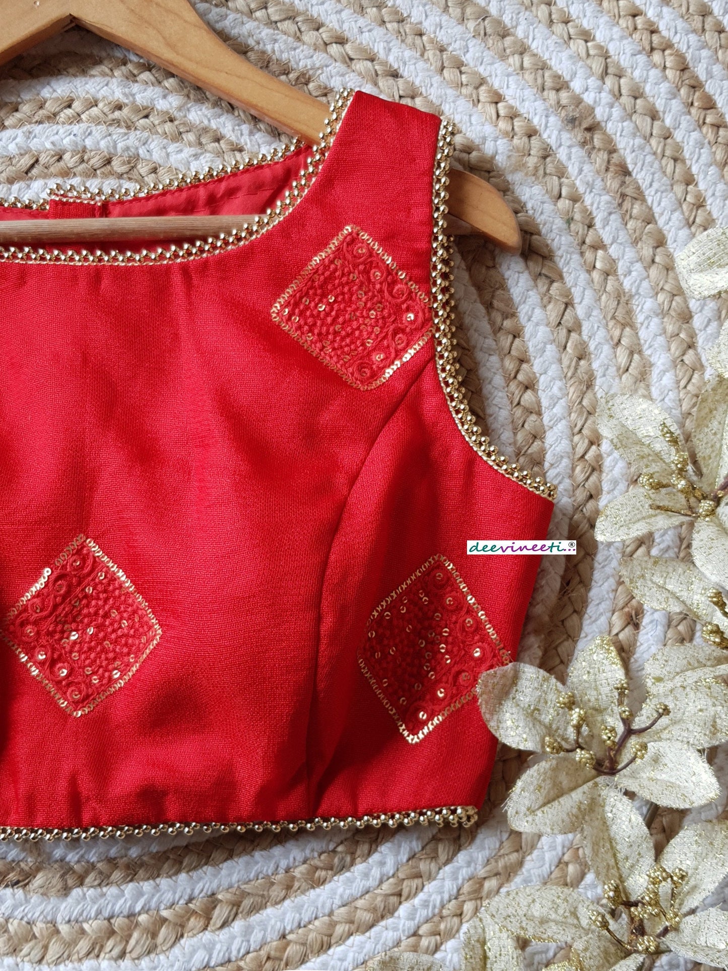 Red Jute Silk Boat Neck Blouse DVBL_212