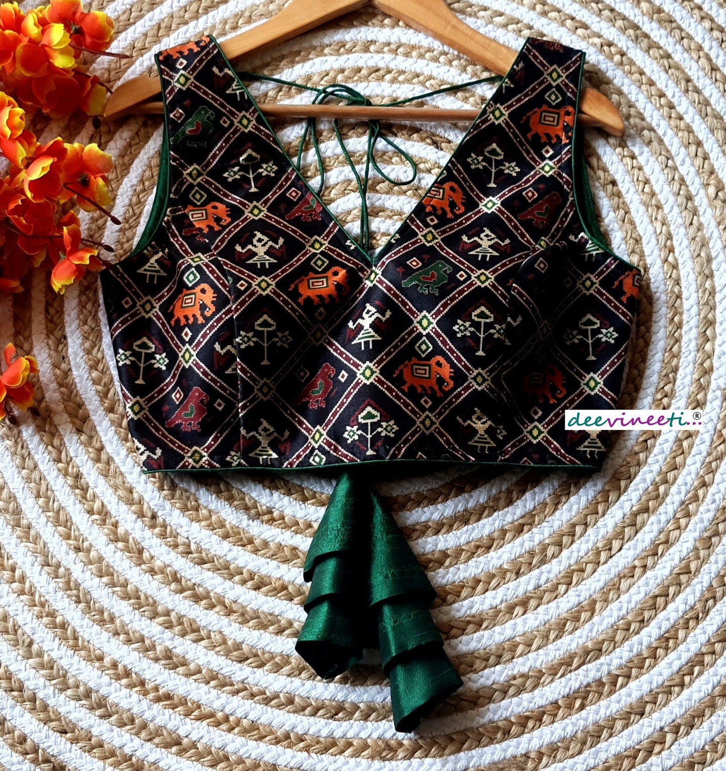 Black Printed Tussar Silk Sleeveless V Neck Blouse. DVBL_095