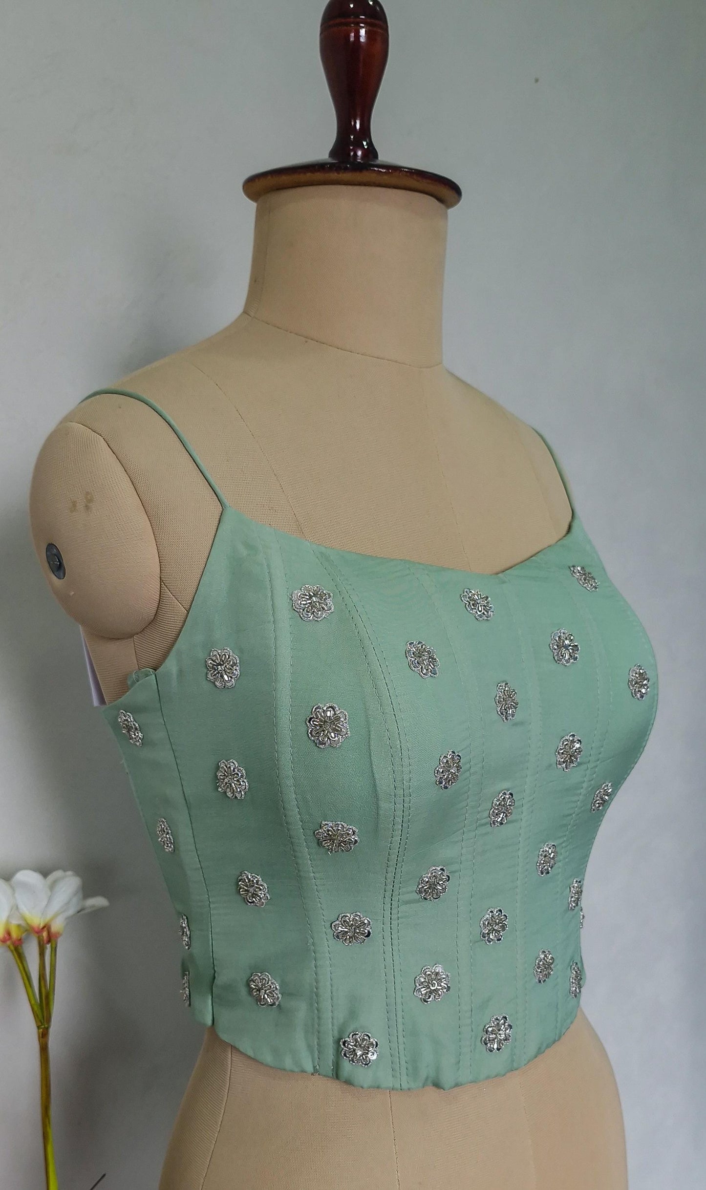 Mint Green Viscose Organza Spaghetti Corset Blouse DVCB_006