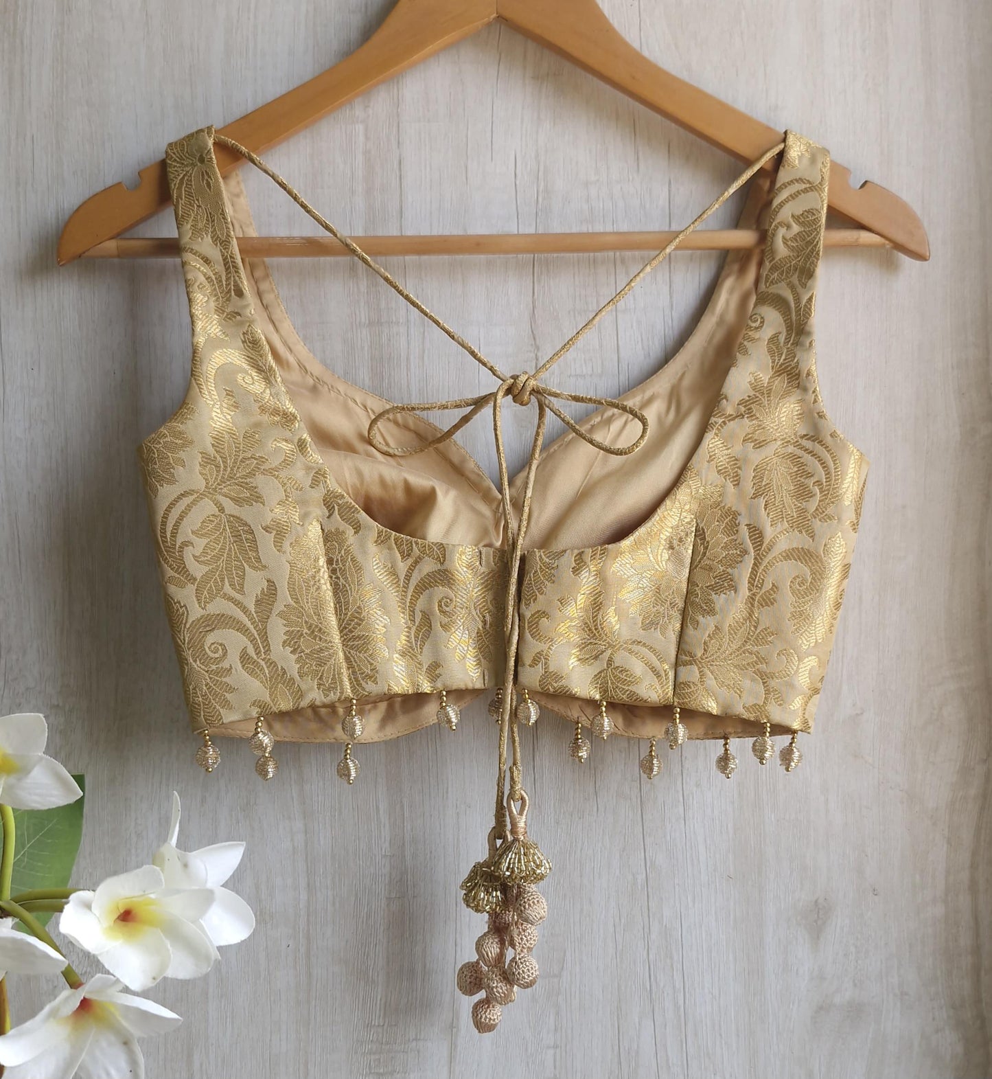 Gold Beige Banarasi Brocade Sweetheart Neck Blouse  DVBL_411