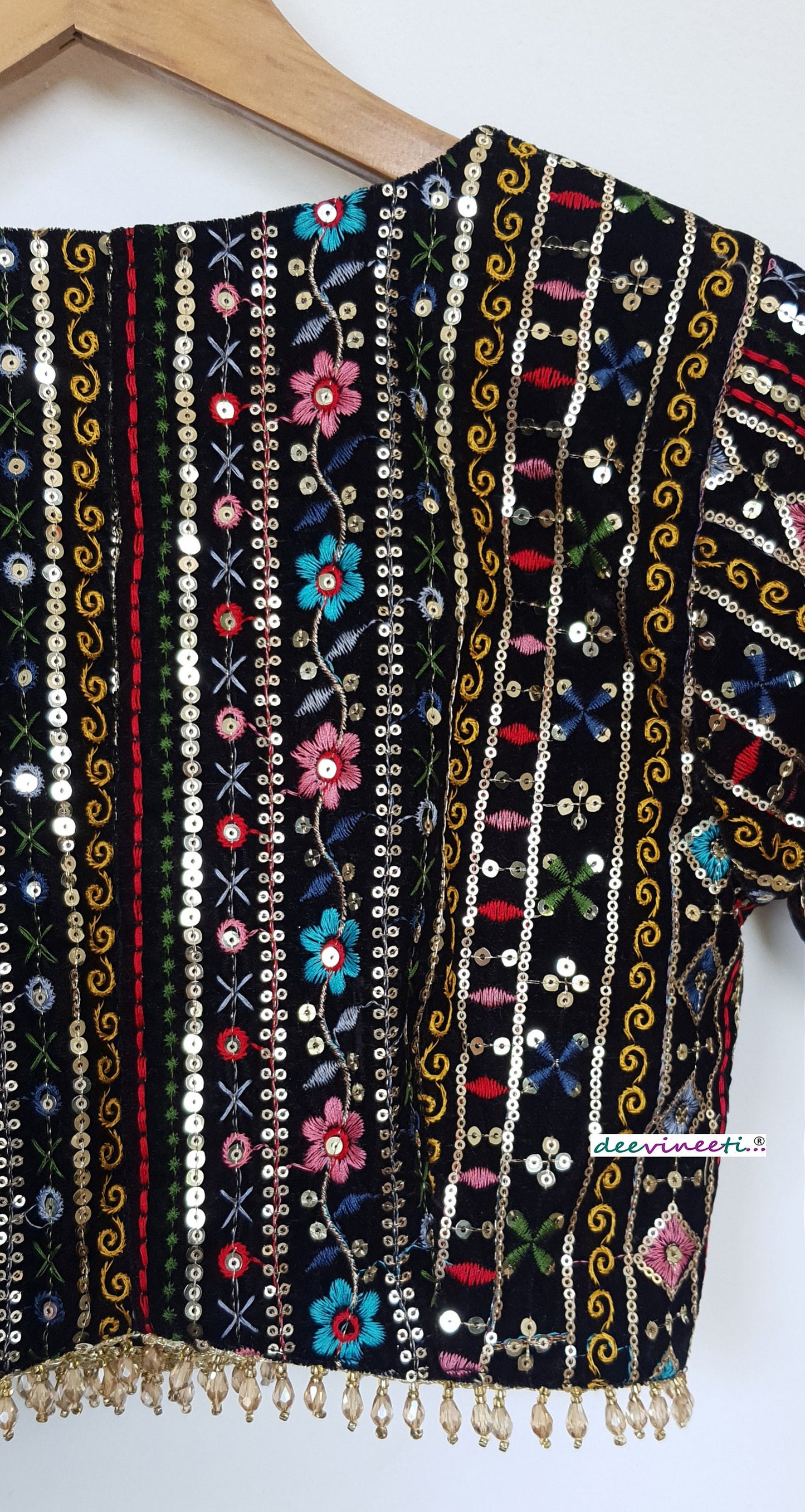 Black Embroidered Velvet Plunge Neckline Blouse DVBL_294