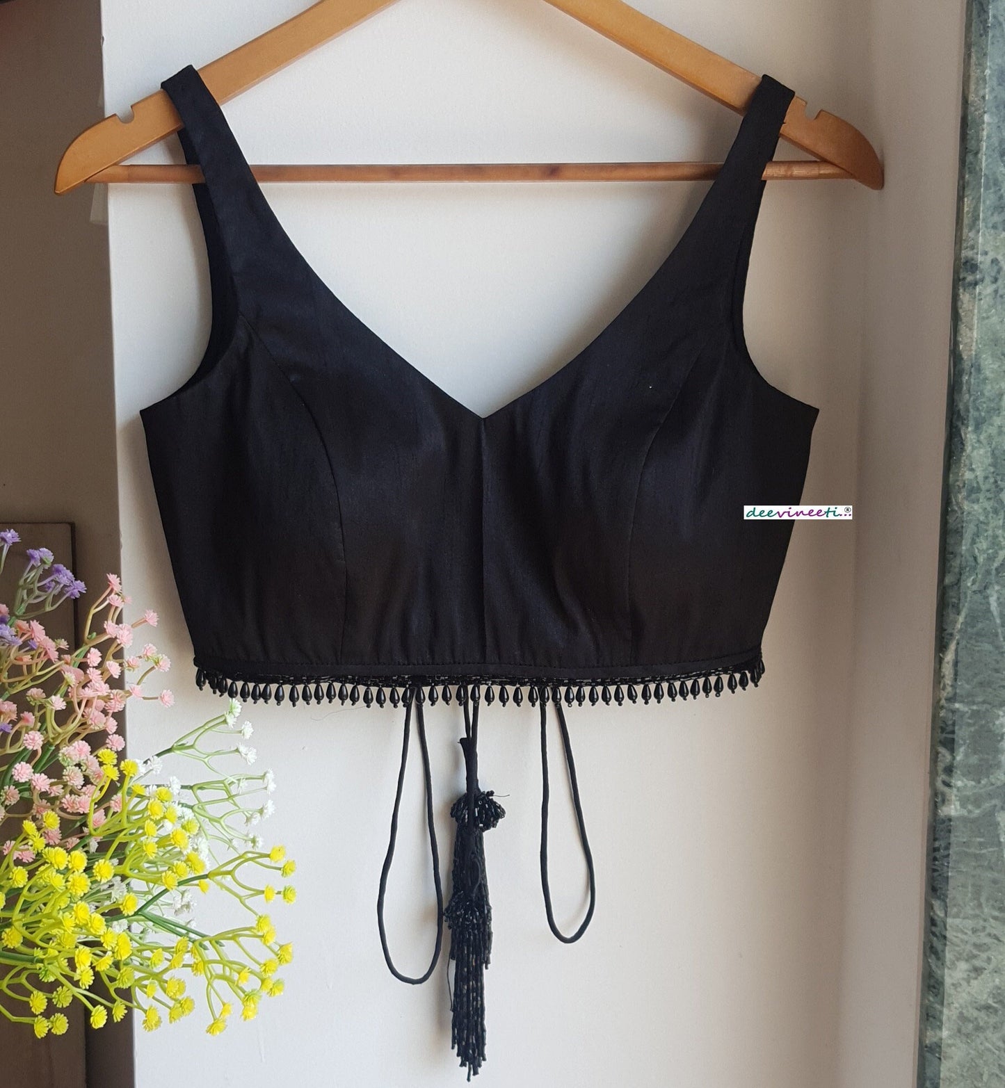 Designer Black Raw Silk Blouse Deep V Neck with Fringes DVBL_327