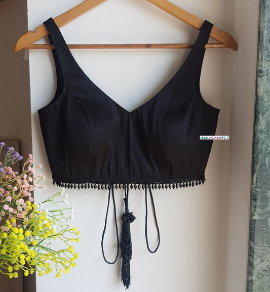 Designer Black Raw Silk Blouse Deep V Neck with Fringes DVBL_327
