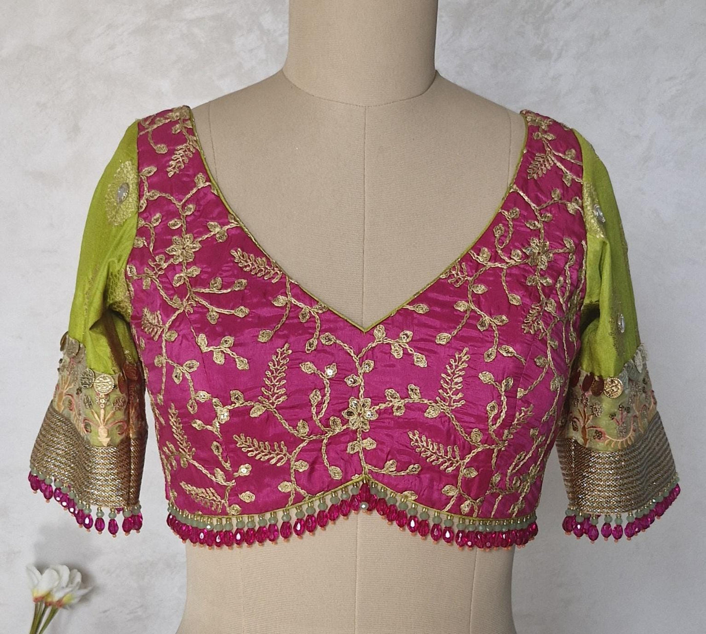 Embroidered Silk Pink and Lime Green Blouse DVBL_455