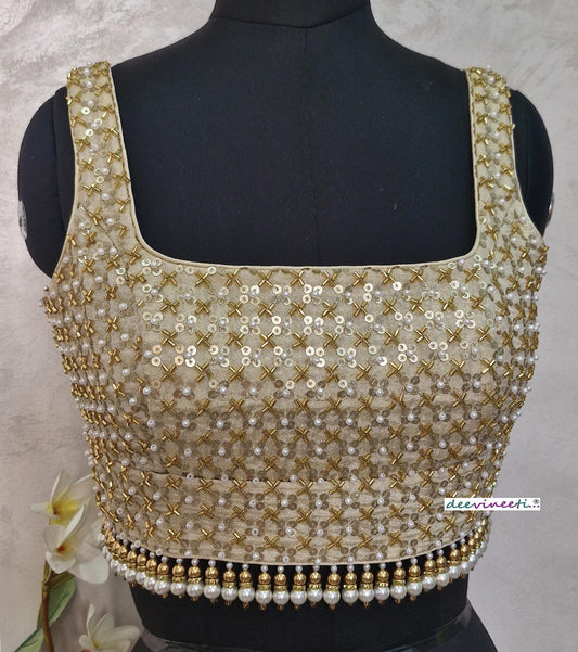 Gold Embroidered Tissue Silk Blouse Square Neck DVBL_399
