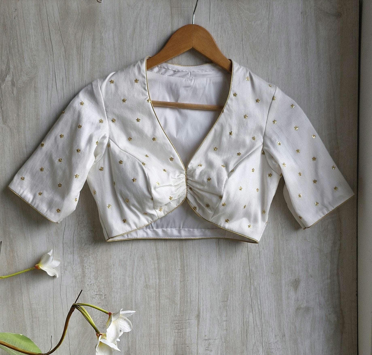 Embroidered Silk Ivory Deep V Neck Blouse DVBL_451