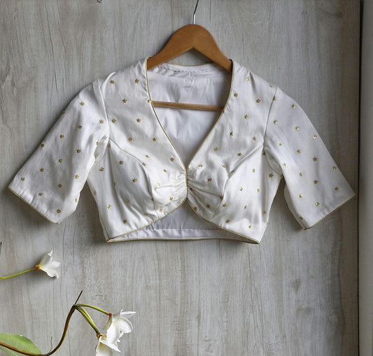 Embroidered Silk Ivory Deep V Neck Blouse DVBL_451
