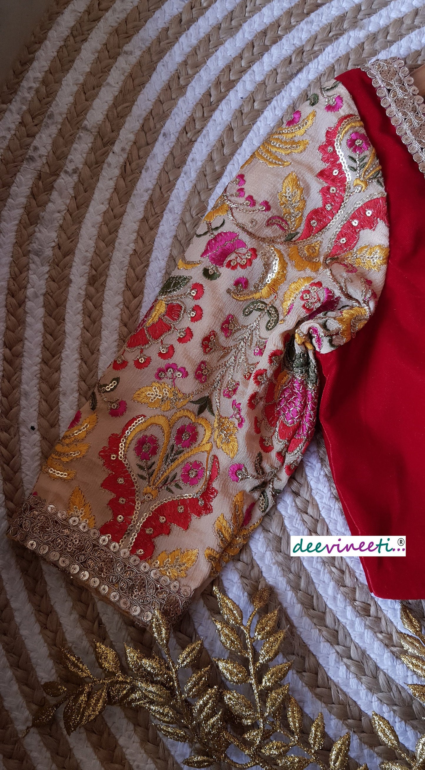 Red Velvet Embroidered Sleeves Blouse DVBL_156