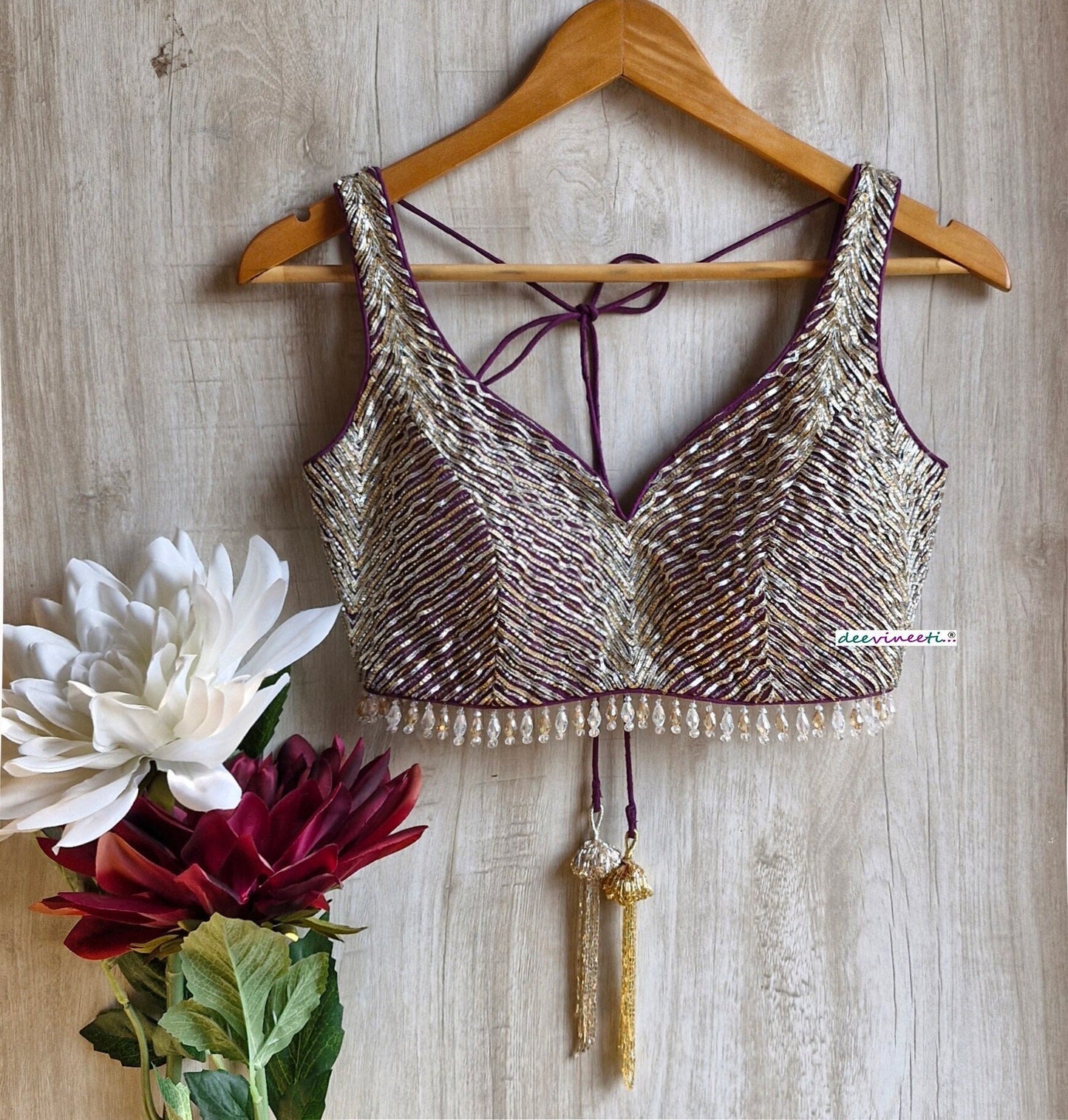 Hand Embroidered Wine with Gold and Silver Cutdana Blouse DVBL_352