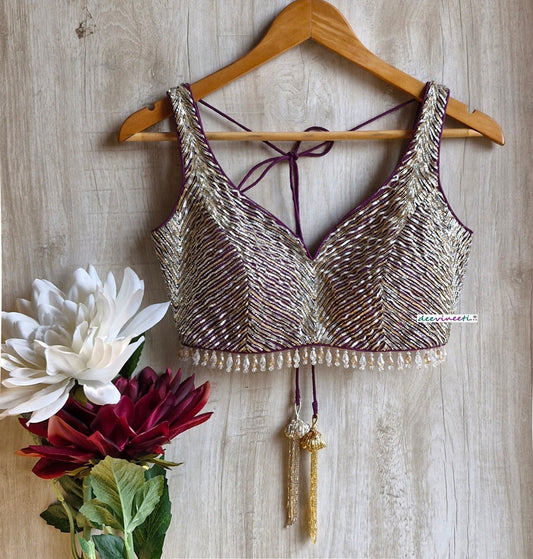 Hand Embroidered Wine with Gold and Silver Cutdana Blouse DVBL_352