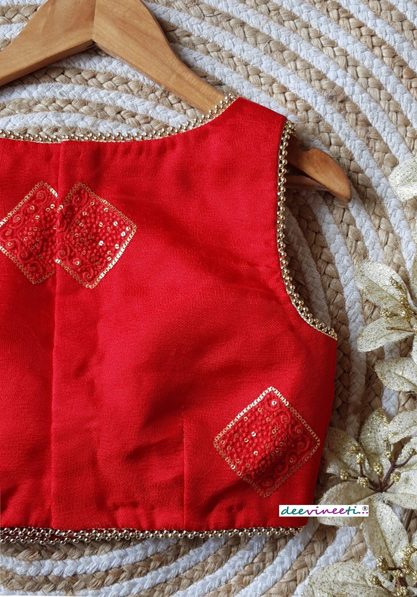 Red Jute Silk Boat Neck Blouse DVBL_212