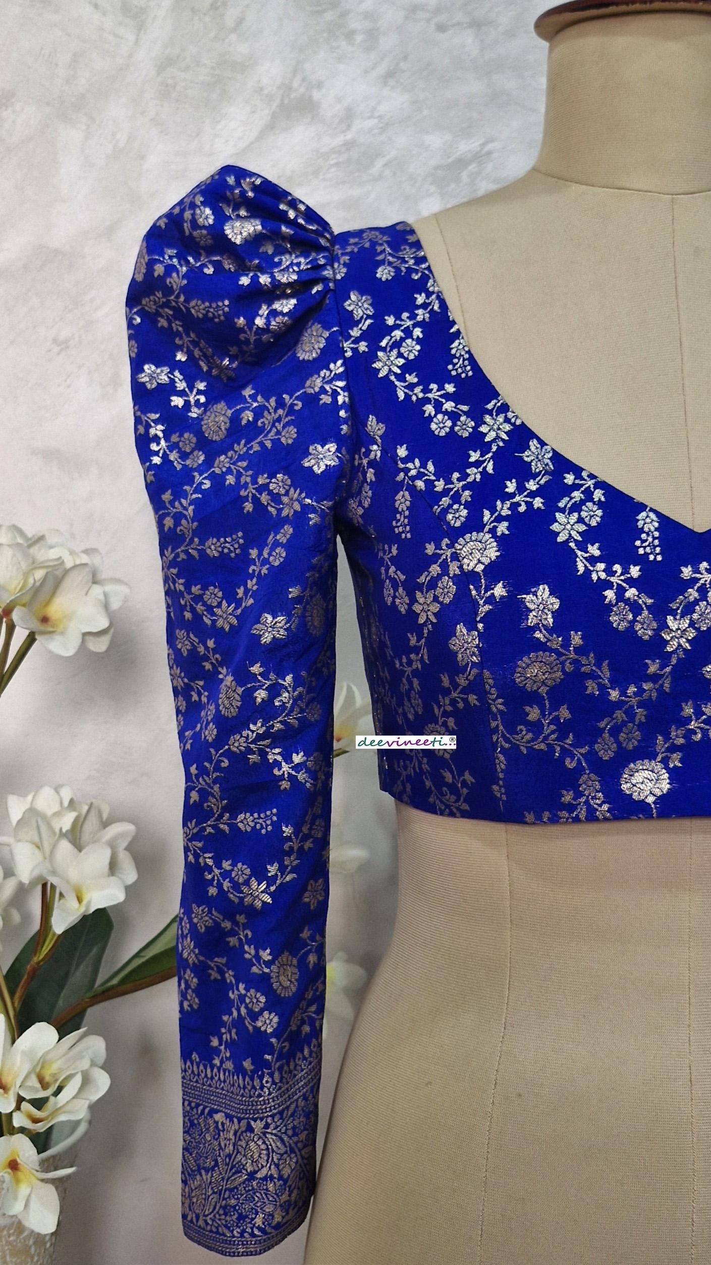 Royal Blue Banarasi Brocade Blouse Full Length Puff Sleeves V Neck DVBL_397