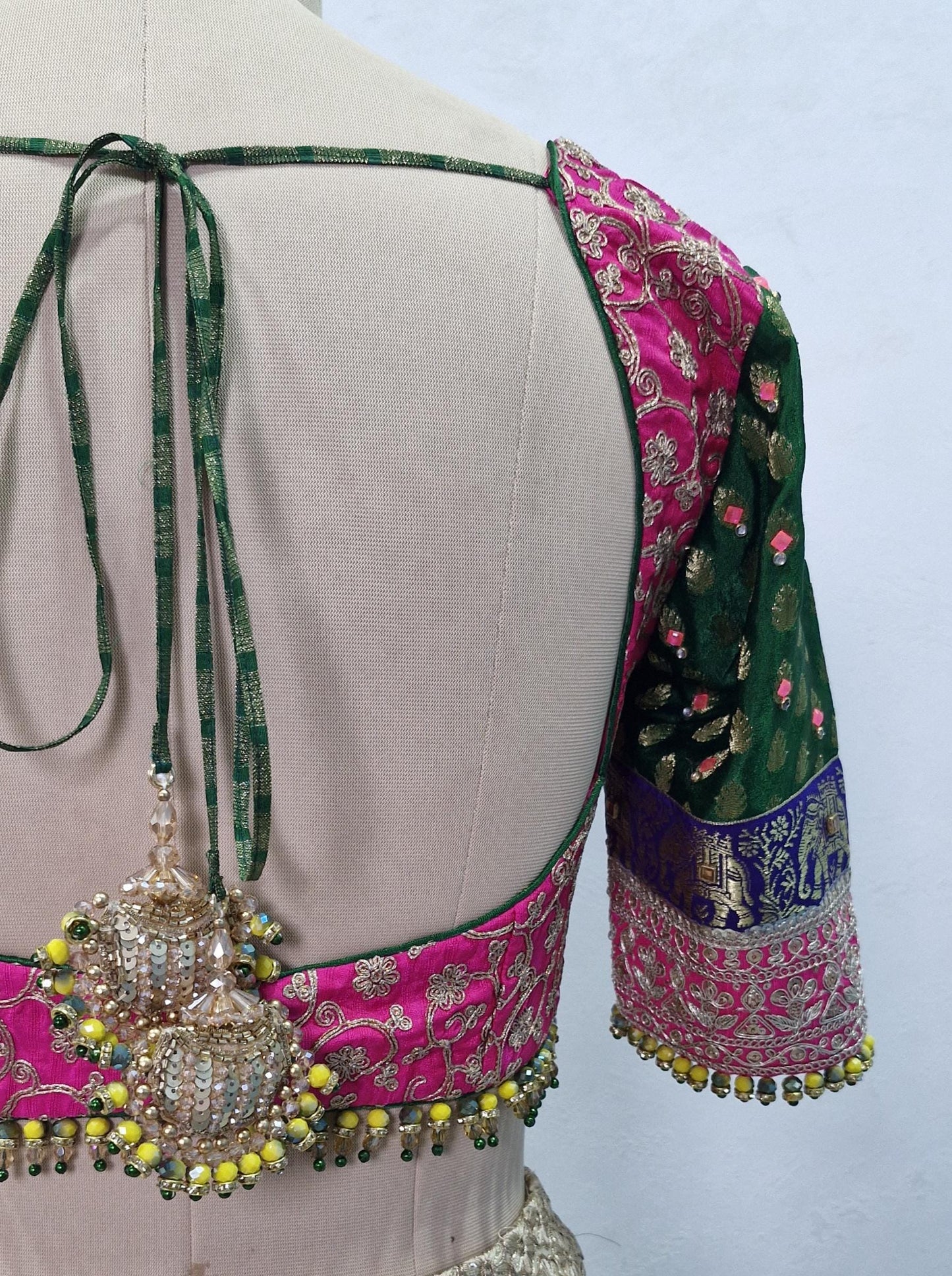 Embroidered Silk Pink and Green Blouse Sweetheart Neck DVBL_449